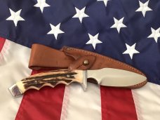 Vintage J A Henckels Safari Skinning / Hunting / Camping knife w/ Orig Sheath & Great STAG Handles!