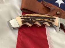 Vintage J A Henckels Safari Skinning / Hunting / Camping knife w/ Orig Sheath & Great STAG Handles!