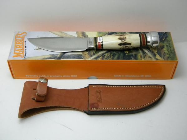 Marbles Gladstone MI USA Stag/Aluminum Woodcraft Fixed Blade Sheath Knife in Box c.1990's