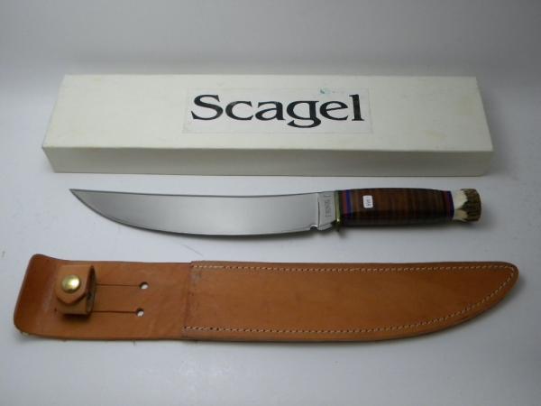 Scagel Handmade Stacked Leather/Stag Fixed Blade Sheath Knife in Box c.1993