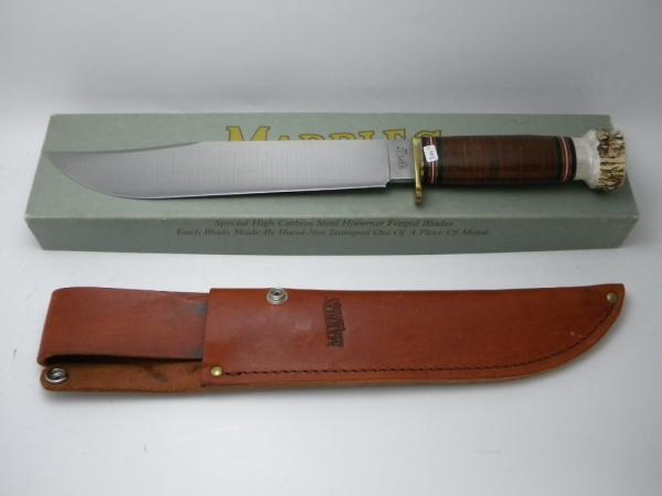 Marbles USA Stacked Leather/Stag Trailmaker Fixed Blade Sheath Knife in Box c.1990's