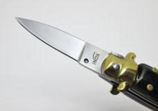 Lot of (2) Miniature INOX Stiletto Switchblade Knives Key Chain Synthetic Horn & Ivory Handles 