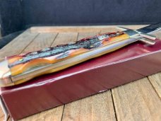 Queen Cutlery Swing Guard Amber Carved Stag Bone