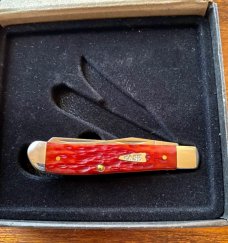 Case xx - 6207SS  Dark Red Bone Peach Seed Jigged Mini Trapper w/Cigar Box #71224