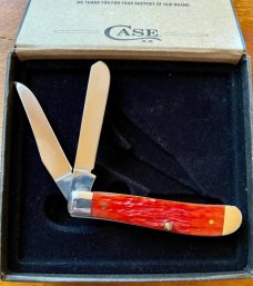 Case xx - 6207SS  Dark Red Bone Peach Seed Jigged Mini Trapper w/Cigar Box #71224