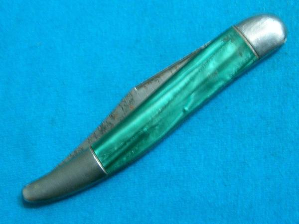 VINTAGE FANCY HANDLE HAMMER BRAND USA FOLDING POCKET TOOTHPICK TICKLER FISH KNIFE KNIVES OLD GREEN