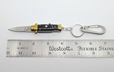 Lot of (2) Miniature INOX Stiletto Switchblade Knives Key Chain Synthetic Horn & Ivory Handles 