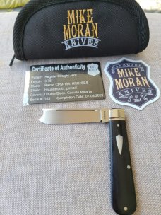 Mike Moran Straight One Arm Razor Jack..Black Canvas MIcarta..CPM-154...3.75"..coa,.pouch.... #170