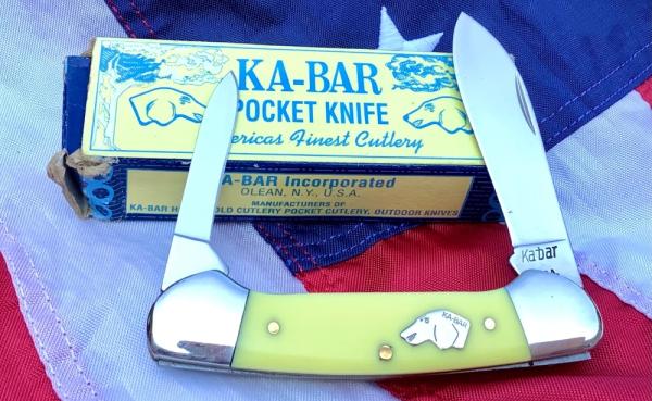 Vintage Ka-Bar Dog Head 2 Blade Canoe Knife w/ Yellow Derlin Handles -Dog Head Shield -NOS & M/NM Vintage Ka-Bar Dog Head 2 Blade Canoe Knife w/ Yellow Derlin Handles -Dog Head Shield -NOS & M/NM