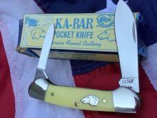 Vintage Ka-Bar Dog Head 2 Blade Canoe Knife w/ Yellow Derlin Handles -Dog Head Shield -NOS & M/NM