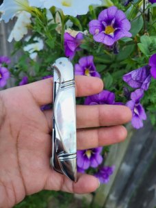 Rare 4" Custom made Bird's Head Bolster Knife, Nice Pattern with Filework, Genuine Mother of Pearl