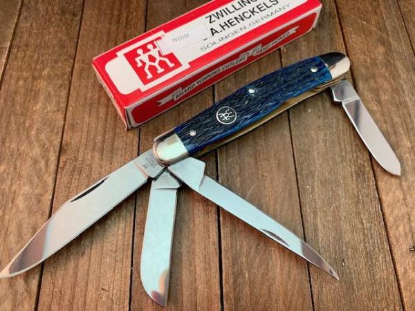 Henckels by Boker 4 Blade Stockman Deep Blue Pin Feather Jigged Bone Henckels by Boker 4 Blade Stockman Deep Blue Pin Feather Jigged Bone