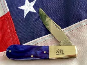 Bulldog Brand, HAND MADE -Single Blade Barlow with Blue Swirl Derlin Handles - NOS