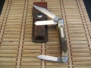 SCHRADE OLD TIMER 858 LUMBERJACK U.S.A. OLDER HIGH CARBON STEEL LARGE FOLDING POCKET KNIFE & SHEATH