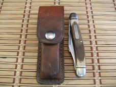 SCHRADE OLD TIMER 858 LUMBERJACK U.S.A. OLDER HIGH CARBON STEEL LARGE FOLDING POCKET KNIFE & SHEATH