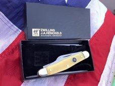 J A Henckels Stockman Pocket Knife w/ Buffalo Horn Handles +Pouch, COA & Hard Box -NOS