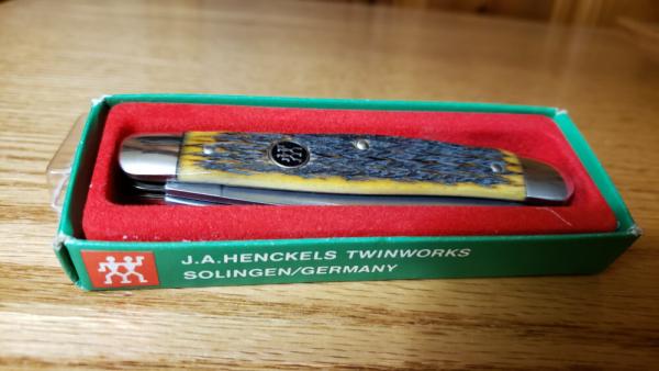 JA Henckels Jigged Bone Stockman Near Mint W/Box SS Blades. Not used, carried or re-sharpened. NICE!
