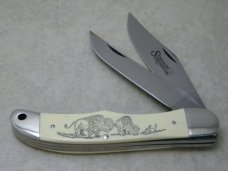 Schrade USA SC508 Bison Scrimshaw Folding Hunter Knife & Pouch in Box c.1982