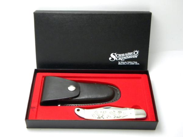 Schrade USA SC508 Turkeys Scrimshaw Folding Hunter Knife & Pouch in Box c.1980