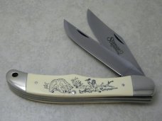 Schrade USA SC508 Bear Hunter Scrimshaw Folding Hunter Knife & Pouch in Box c.1979