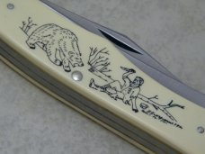 Schrade USA SC508 Bear Hunter Scrimshaw Folding Hunter Knife & Pouch in Box c.1979
