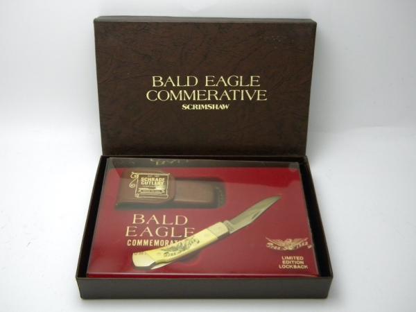Schrade + USA LB5 Bald Eagle Commemorative Scrimshaw Lockback Knife & Pouch in Box Schrade + USA LB5 Bald Eagle Commemorative Scrimshaw Lockback Knife & Pouch in Box