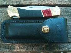 CUSTOM BUCK 110 LOCKBACK HUNTING SKINNING SURVIVAL EDC RED STONE MICARTA FOLDING KNIFE KNIVES SHEATH