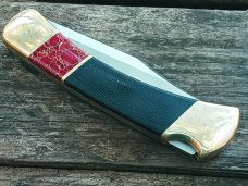 CUSTOM BUCK 110 LOCKBACK HUNTING SKINNING SURVIVAL EDC RED STONE MICARTA FOLDING KNIFE KNIVES SHEATH