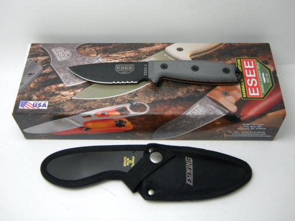 ESEE Knives USA 3S-KO Model 3 Micarta Partial Serrated Fixed Blade Sheath Knife in Box ESEE Knives USA 3S-KO Model 3 Micarta Partial Serrated Fixed Blade Sheath Knife in Box