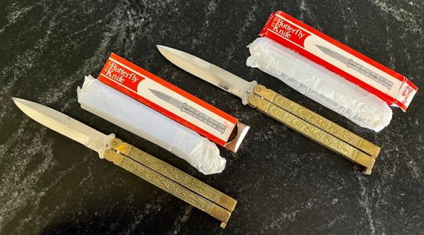 2 Vintage Balisong Butterfly Knives, Made In Pakistan, Nice Brass Handles, Original Boxes, Unused 2 Vintage Balisong Butterfly Knives, Made In Pakistan, Nice Brass Handles, Original Boxes, Unused