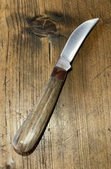 A Wright & Son, Peach Pruning (Swayback) Knife with Whisky Barrel Oak scales, Wharncliffe blade