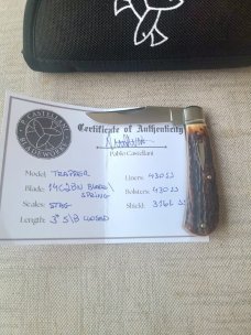 Pablo Castellani Trap..14C28N stainless steel..Stag scales...3 5/8" cld...coa.pouch