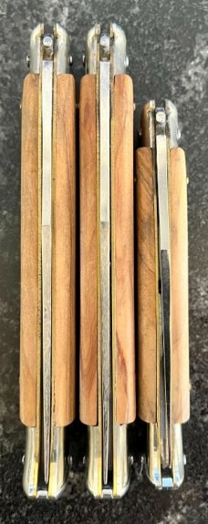 3 Vintage Falcon ITALY Lockback Fish Shape Folding Knives, Olive Wood Handles, Unused 