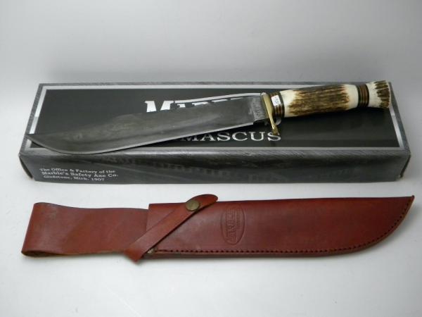Marbles Stag/Stag PDMA-514 Damascus Bowie Fixed Blade Sheath Knife in Box Marbles Stag/Stag PDMA-514 Damascus Bowie Fixed Blade Sheath Knife in Box