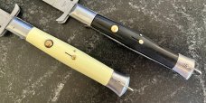 2 Batwing Rizzuto Estileto Milano Switchblade Knives, Single Pins, White & Black Handles, Used 