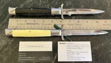 2 Batwing Rizzuto Estileto Milano Switchblade Knives, Single Pins, White & Black Handles, Used 