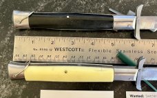 2 Batwing Rizzuto Estileto Milano Switchblade Knives, Single Pins, White & Black Handles, Used 