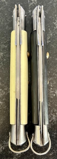 2 Batwing Rizzuto Estileto Milano Switchblade Knives, Single Pins, White & Black Handles, Used 