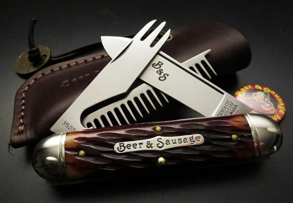 Great Eastern Cutlery #35 Beer & Sausage Bar Tool Knife Autumn Leaf Jigged Bone w/Leather Slip GEC