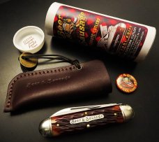 Great Eastern Cutlery #35 Beer & Sausage Bar Tool Knife Autumn Leaf Jigged Bone w/Leather Slip GEC