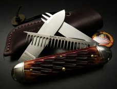 Great Eastern Cutlery #35 Beer & Sausage Bar Tool Knife Autumn Leaf Jigged Bone w/Leather Slip GEC