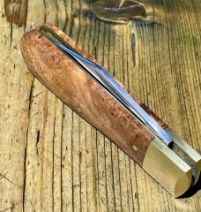 Michael May Classic Sheffield Barlow knife with Clip Point blade in beautiful Amboyna Burl scales