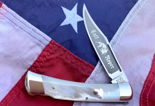 Vintage Bulldog Brand HAND MADE 1 Blade Calf Roper Lock Blade Hunter w Fiery Mother of Pearl Handles Vintage Bulldog Brand HAND MADE 1 Blade Calf Roper Lock Blade Hunter w Fiery Mother of Pearl Handles