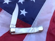 Vintage Bulldog Brand HAND MADE 1 Blade Calf Roper Lock Blade Hunter w Fiery Mother of Pearl Handles