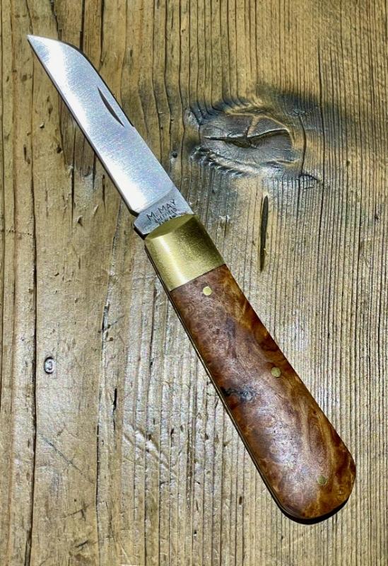 Michael May, Sheffield England Lambsfoot Knife with Amboyna Burl scales,