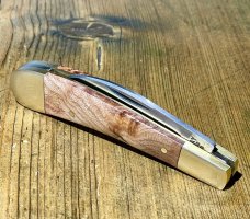 Michael May, Sheffield England Ettrick Swayback with Elm Brr scales and curved Wharncliffe blade