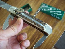 Vintage Hubertus Knife Rare Camper Automatic 3 Blades W/Corkscrew Stag/Antler UNUSED NIB.