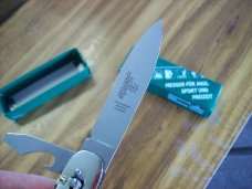 Vintage Hubertus Knife Rare Camper Automatic 3 Blades W/Corkscrew Stag/Antler UNUSED NIB.