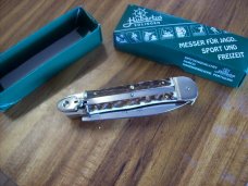 Vintage Hubertus Knife Rare Camper Automatic 3 Blades W/Corkscrew Stag/Antler UNUSED NIB.