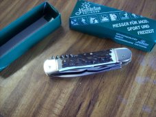 Vintage Hubertus Knife Rare Camper Automatic 3 Blades W/Corkscrew Stag/Antler UNUSED NIB.